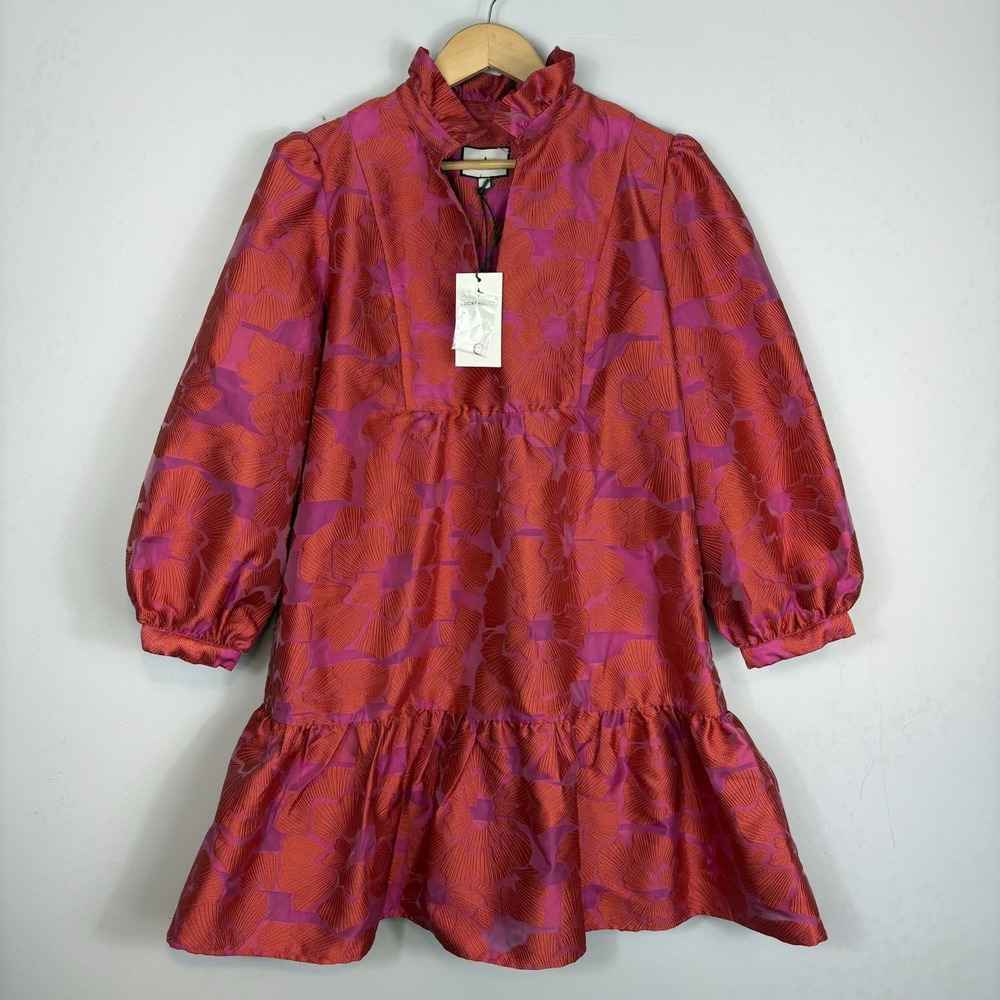 Tuckernuck Red Fil Coupe Palmerston Dress Sz L Brocade Floral Ruffle Hem - Picture 2 of 8
